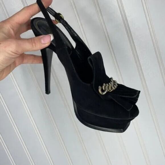 Yves Saint Laurent Black Suede Fringe Chain Open Toe Slingback Stiletto Heel 8.5 - Picture 2 of 8